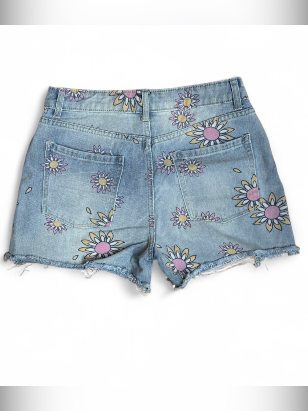 No Boundaries Light Blue Denim Shorts with Pink & Yellow Daisy Print - Picture 5 of 6